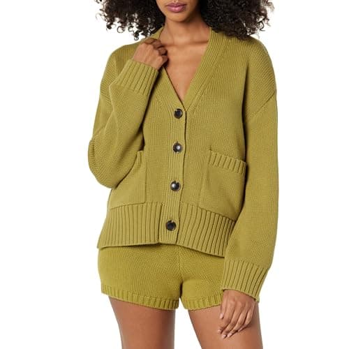 The Drop Women's Brigitte Cotton Blend Chunky Cardigan, Olive Oil, M - Image 1