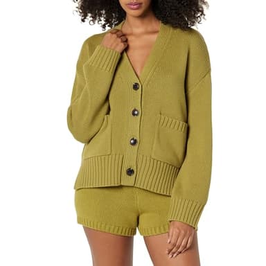 The Drop Women's Brigitte Cotton Blend Chunky Cardigan, Olive Oil, M - Image 1