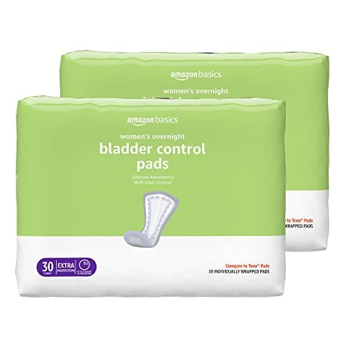 Amazon Basics Incontinence Pads for Women, Bladder Control, Postpartum, Overnight Absorbency, Unscented, 60 Count (2 Packs of 30) - Image 1