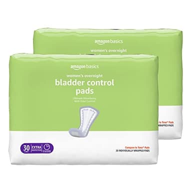Amazon Basics Incontinence Pads for Women, Bladder Control, Postpartum, Overnight Absorbency, Unscented, 60 Count (2 Packs of 30) - Image 1