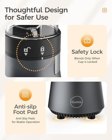 iCucina Smoothie Blender, Personal Blender for Shakes and Smoothies, 500W Pulse Technology Single Serve Blenders with 2 x 28oz Protable Cups for Ice Crush, Frozen Fruit Drinks - Image 5