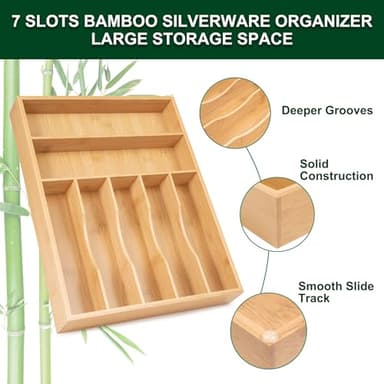 Bellsal Natural Utensil Organizer 12.5 Inch Silverware Organizer for Drawer Utensil Holder Cutlery Organizer Kitchen Drawer Organizer 7 Compartment Small Narrow Bamboo - Image 5