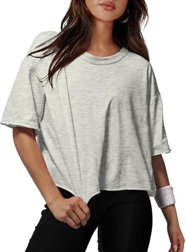 XIEERDUO Oversized Tshirts for Women Summer Short Sleeve Cotton Workout Tops Loose Fit Grey L - Image 1