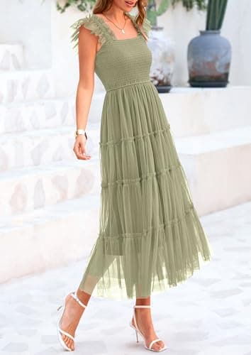 PRETTYGARDEN Women's Summer Midi Tulle Dress Sleeveless Smocked Square Neck Ruffle Flowy Party Wedding Guest Sundress (Light Green,Small) - Image 7