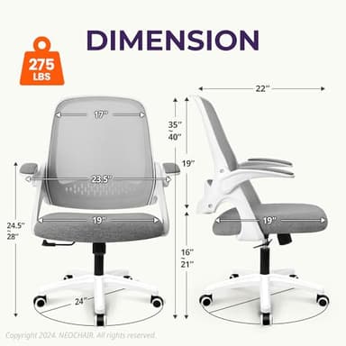 NEO CHAIR Office Desk Computer Gaming Ergonomic Chair with Lumbar Back Support Adjustable Height Swivel Wheels Flip-up Arms Mesh Chair for Home or Office (Grey) - Image 2
