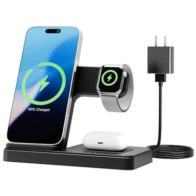 Wireless Charging Station for Apple Devices: 3 in 1 Foldable Qi Compact Case-Friendly Charger Stand for iPhone 17-12 & Apple Watch & AirPods Charging Dock for Travel Home Office Desk Nightstand(Black) - Image 1
