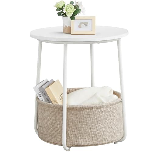 VASAGLE Small Round Side End Table, Modern Nightstand with Fabric Basket, Matte White and Camel Brown ULET223W10 - Image 1