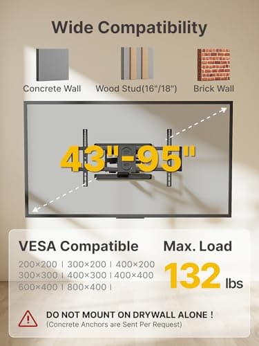 monTEK Full Motion TV Wall Mount for 43–95 Inch TVs, Pre-Assembled TV Mount with Tool-Free Tilt, Swivel, Extension, Max VESA 800 x 400mm and 132 lbs, 16″/18″ Wood Studs - Image 2