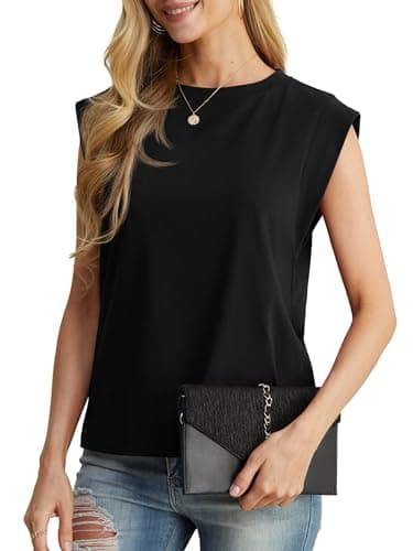 GRECERELLE Women 2025 Cap Sleeve Tops Summer Casual Tee Shirt Loose Crew Neck Basic Tank Trendy Vacation Outfits, Black, Medium - Image 6