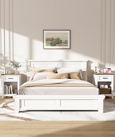 Decofy Farmhouse Nightstand with Charging Station & Large Storage, Set of 2 Modern End Tables with Outlets, USB Ports and Type-C Ports, Easy Assembly for Bedroom (Pure White + Walnut) - Image 2