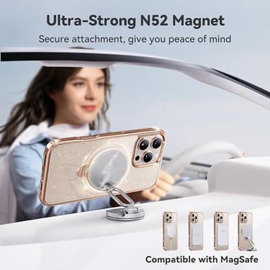 CASEKOO Gold Sparkle 360° Spin Magnetic Stand for iPhone 16 Pro Case, Fit for MagSafe, 16FT Drop Protection, Chic Design for iPhone 16 Pro Case with Built-in Stand, Sparkle Rose Gold - Image 5