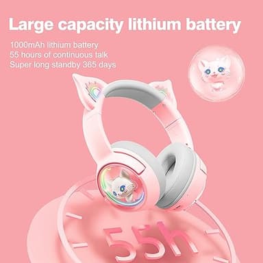 PHNIXGAM Cute Cat Bluetooth Headphones, Wireless & Wired Mode Headset with Mic, RGB LED Light, for Girls Women School Gaming, Compatible with Mobile Phones Tablet (A Pink) - Image 4