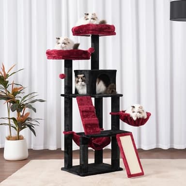 Heybly Cat Tree, Gothic Cat Tower for Indoor Cats, Multi-Level Cat Furniture Condo for Cats with Padded Plush Perch, Cozy Basket and Scratching Board, Black and Red HCT014BR - Image 6