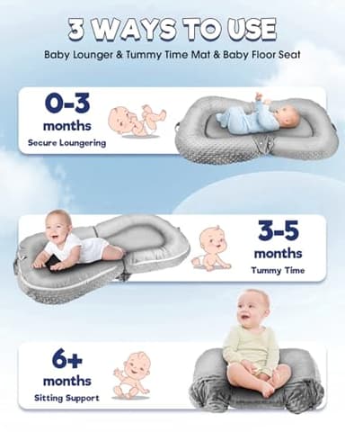 Baby Lounger Pillow : 3-in-1 Infant Lounger Pillow for Newborn 0-24 Months, Portable Tummy Time Mat for Home and Travel, Breathable & Soft Baby Seat for Baby, Babies Essentials Gifts, Grey - Image 3