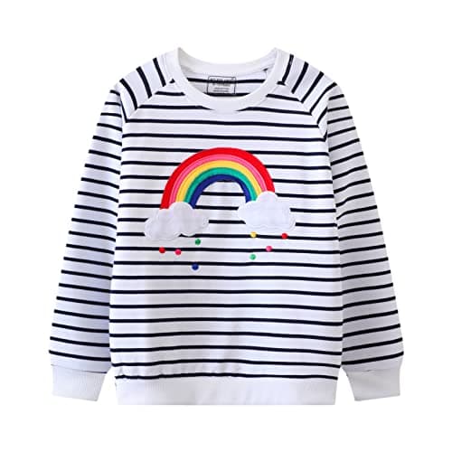 HILEELANG Baby Girl Sweatshirts White Rainbow Stripe Pullover Crewneck Spring Autumn Long Sleeve Tops Cotton Casual Sweater Shirts 12-18M - Image 1
