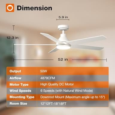 addlon 2 Pack Ceiling Fans with Lights, 52 inch White Ceiling Fan with Light and Remote Control, Reversible, 3CCT, Dimmable, Noiseless, Ceiling Fan for Bedroom, Farmhouse, Indoor/Outdoor Use - Image 8