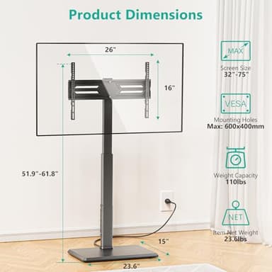 WALI Floor TV Stand with Power Outlet, Tall TV Stand Mount for 32-75 inch TV up to 110 lbs, Swivel and Height Adjustable TV Stands with Wood Base for Bedroom, Office(TVDVD-7P), Black - Image 7