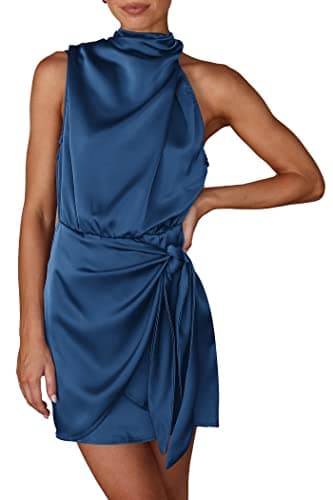 PRETTYGARDEN Women's Short Formal Satin Dress Summer Sleeveless Mock Neck Tie Waist Cocktail Party Dresses (Dark Blue,Small) - Image 1