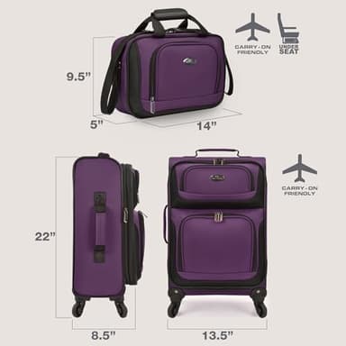 U.S. Traveler Rio Lightweight Softside Rolling Carry-on Suitcase, 4-Wheel Set, Purple - Image 4