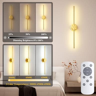 Battery Operated Wall Sconce Set of 2, Gold Rechargeable Wall Lights with Remote Control, 3000K-6500K Dimmable Wireless Wall Sconces with Rotatable Lamppost for Living Room, Bedroom, 28.15 Inch - Image 4