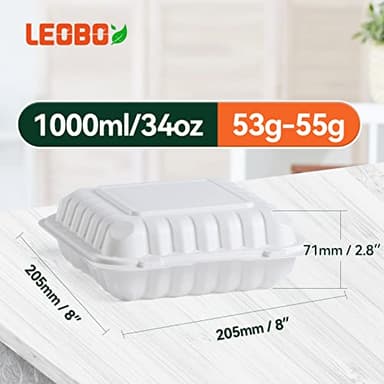 LEOBOX Takeout Container Mineral Filled PP Plastic - 55 Pack 8 Inch 34oz | Shrink Wrap BPA Free Food Container | Freezer & Microwave Safe for Food Delivery | White 3 Compartment Disposable Lunch Boxes - Image 3