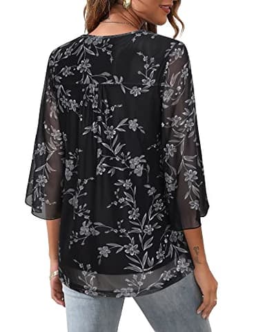 Bebonnie Womens Ruffle 3/4 Sleeve V Neck Double Layers Mesh Blouses Loose Fit Flowy Tunic Tops Multi Black XXXXL - Image 4