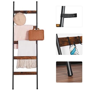 ELYKEN Blanket Ladder for Living Room, Farmhouse 5-Tier Quilt Holder with 4 Removable Hooks for Bathroom, Wood Towel Rack Display, Wall Anchor Leaning Decorative Stand for Home, Rustic Brown - Image 8