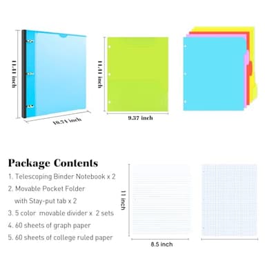 INFUN All-in-one Telescoping Binder Notebook - 2PCS, Refillable 3 Ring Notebook Binder with 1 Plastic Movable Pocket Folder,5 Plastic Subject dividers and Graph Paper and College Ruled Paper - Blue - Image 2