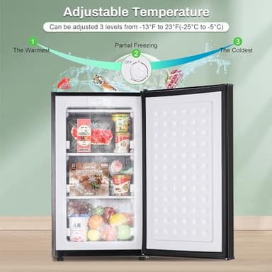 Upright Freezer 3.6 Cubic Feet, Mini Freezer with Removable Baskets, 3 Level Adjustable Temperature from -13°F to 23°F, Manual Defrosting, Reversible Stainless Steel Door, Suitable for Home, Black - Image 4