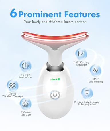 SDKWDH Red-Light-Therapy-for-Face-and-Neck, 7 Color Face Massager Tool for Wrinkles, Double Chin, Vibrating Facial Massager with Thermals for Skin Care, Glossy White - Image 3