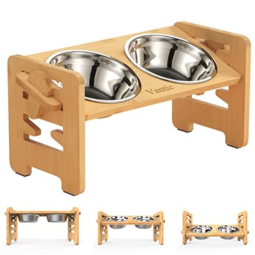 Vantic Elevated Dog Bowls, Adjustable Raised Dog Bowl Stand for Small Puppy and Cats, Sturdy Bamboo Pet Food Feeder with 2 Stainless Steel Dishes, Natural - Image 1