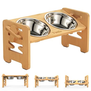 Vantic Elevated Dog Bowls, Adjustable Raised Dog Bowl Stand for Small Puppy and Cats, Sturdy Bamboo Pet Food Feeder with 2 Stainless Steel Dishes, Natural - Image 1