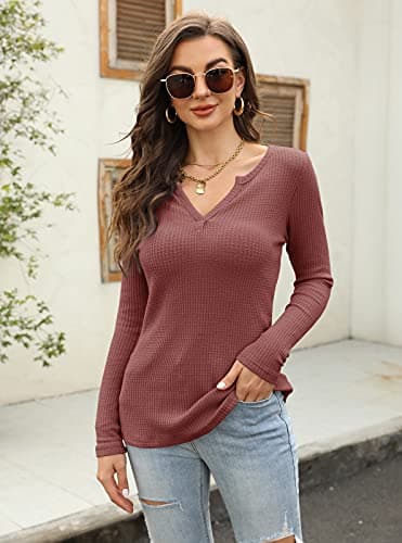 Women's V Neck Waffle Knit Henley Tops Casual Long Sleeve Pullover Sweater Blouses (Rose Red, Medium) - Image 6