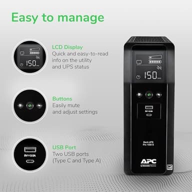 APC UPS 1500VA Sine Wave UPS Battery Backup, BR1500MS2 Backup Battery Power Supply, AVR, 10 Outlets, (2) USB Charger Ports - Image 5