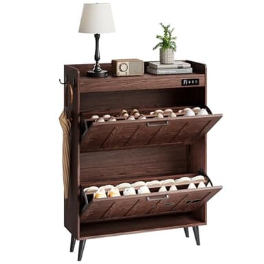 ChooChoo Shoe Storage Cabinet with 2 Flip Drawers, Deodorizing Shoe Organizer Storage for Entryway, Freestanding Hidden Slim Narrow Shoe Rack Cabinet, Walnut - Image 9