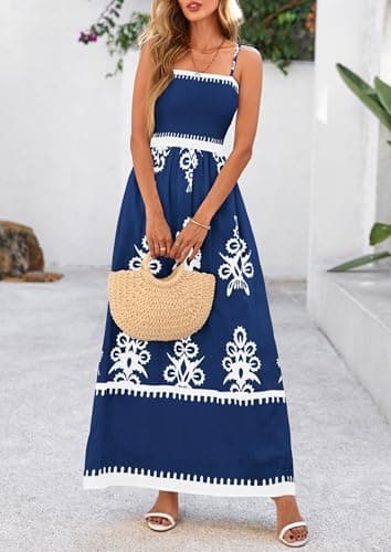 PRETTYGARDEN Summer Dress for Women 2025 Floral Sundress Spaghetti Strap Flowy Beach Vacation Boho Maxi Dresses (Dark Blue White Floral,Small) - Image 7