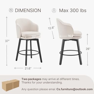 Counter Height Barstools 26 inch Upholstered Swivel Bar Stools with Back and Wood Legs for Kitchen Island,Set of 4,Beige Fabric - Image 3