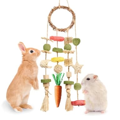 Jorewood Rabbit Chew Toys Bunny Cage Hanging Toy and Treats Rattan Ring with Snacks for Rodent Pets Teeth Healthy - Image 1