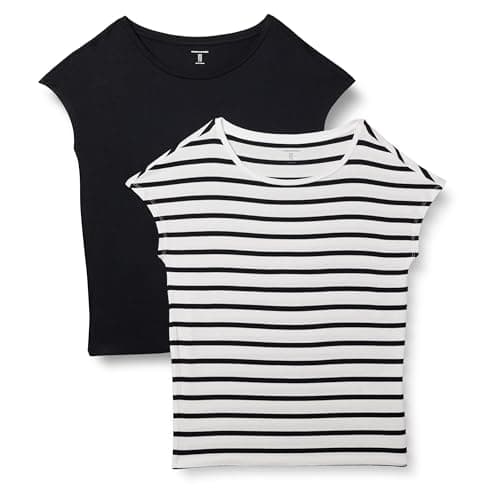Amazon Essentials Women's Jersey Regular-Fit Short-Sleeve Boat-Neck T-Shirt, Pack of 2, Black/White French Stripe, Small - Image 1