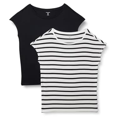 Amazon Essentials Women's Jersey Regular-Fit Short-Sleeve Boat-Neck T-Shirt, Pack of 2, Black/White French Stripe, Small - Image 1