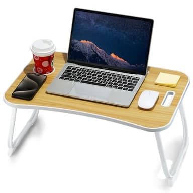 ZEAPTAC Laptop Bed Desk, Foldable Lap Table, Portable Study Table, Laptop Stand with Cup Holder & Tablet Slot & Lifting Handle for Working Writing Drawing & Eating - Wood - Image 1