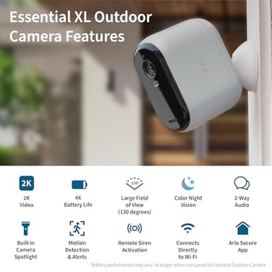 Arlo Essential XL Security Camera 2K | Indoor - Outdoor | 2nd Gen | 4X Longer Battery | Wire-Free with Spotlight, 2-Way Audio, Color Night Vision, Live Stream, Motion Activation, Notifications-White - Image 2