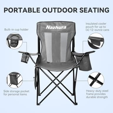 Nazhura 2 Pack Outdoor Camping Chairs Folding/Foldable/Portable with Cooler Pouch, Mesh Backrest and Cup Holder Pocket(Grey, 2 Pack) - Image 4