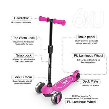 6KU Scooters for Kids 3-10 Year Old with Flash Wheels, Toddler Scooter 4 Adjustable Height, Extra-Wide PU LED Wheels, 3 Wheel Scooters for Girls & Boys (Pink) - Image 3