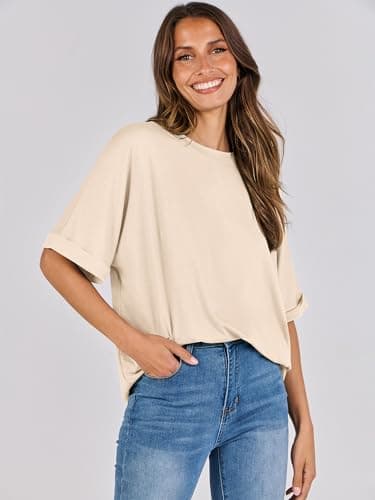 ANRABESS Womens Tops Oversized T Shirts Short Sleeve Crewneck Summer Casual Loose Basic Tee Shirt 2025 Trendy Fashion Clothes Cream Medium - Image 8