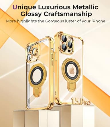 CHICLADY for iPhone 15 Pro Case with Integrated Lens Protection, [Foldable Stand & Ring Holder] [Compatible with Magsafe], Glossy Shockproof Bumper Stylish Women Case for iPhone 15 Pro, Gold - Image 3