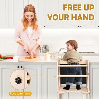 4-in-1 Toddler Kitchen Step Stool, Foldable Learning Standing Tower with Blackboard, Wooden Kitchen Stool Helper for Kids, 1-3 Year Old Boy Girl Gifts - Image 5