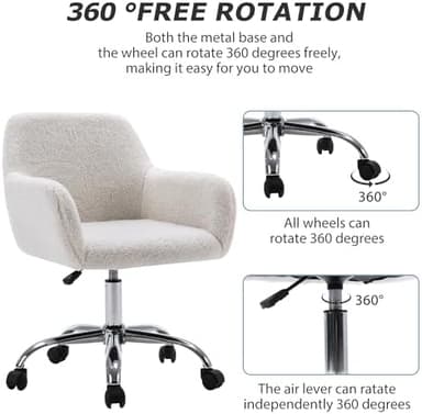 KCC Faux Fur Vanity Makeup Desk Chair, Comfy Fluffy Swivel Modern Leisure Armchair with Wheels, Upholstered Fuzzy Height Adjustable for Teens Women Girls Elegant Home Office - Image 4