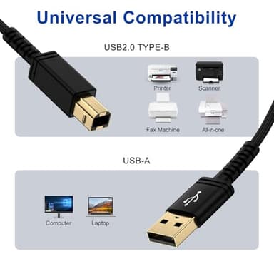USB Printer Cable,USB A to B Scanner Cables Printer Cord High Speed USB 2.0 Type B Nylon Braided Long Midi Cable 6FT for HP Canon Samsung Dell Epson Xerox Digital Piano MIDI Controller Laptop Computer - Image 7