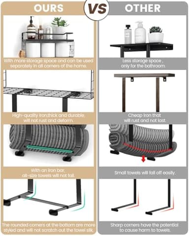 Wall Mounted Towel Rack for Bathroom - Bath Storage Holder Set Above Toilet, Rolled Towel Shelf Organizer, Wood Vertical Rack for Small Bathroom Decor, Black - Image 4